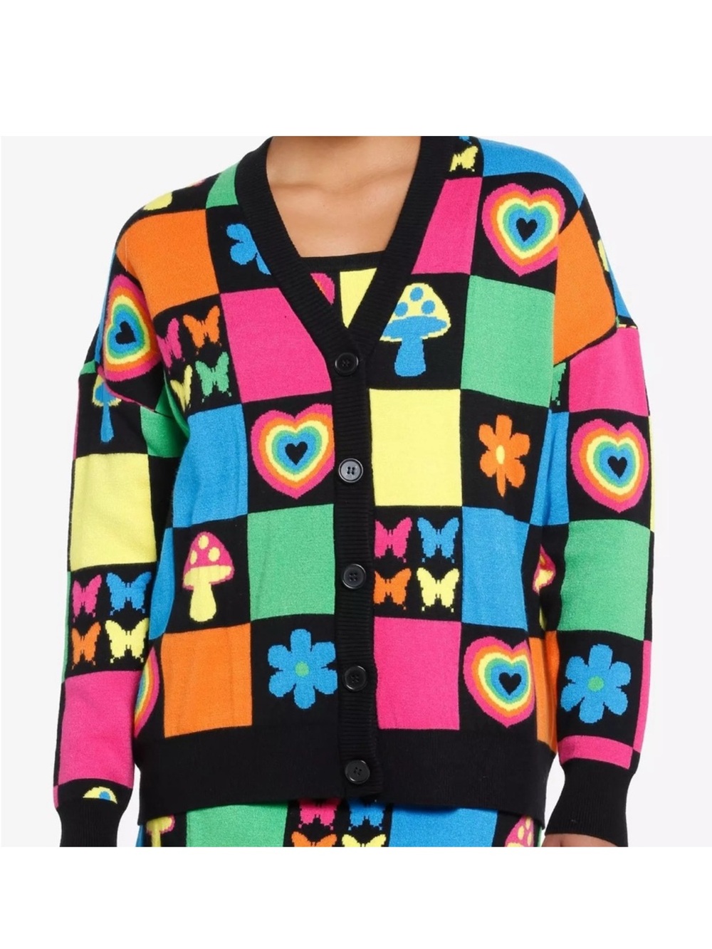 Social Collision Rainbow Retro Patchwork Knit Cardigan Womens Size L